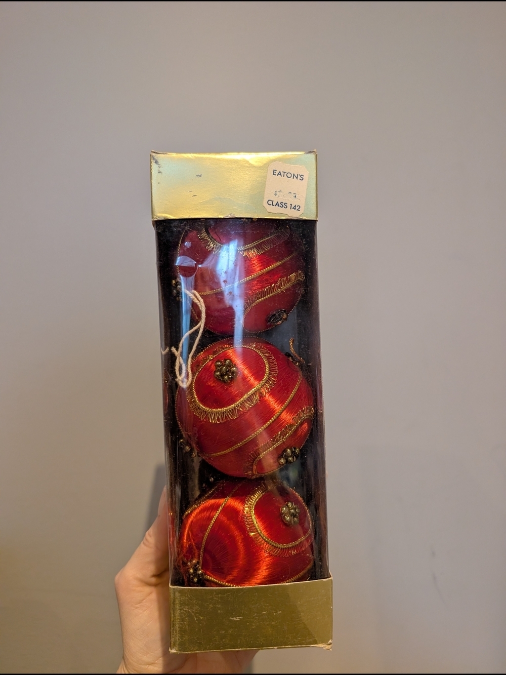 Vintage Christmas Red and Gold Holiday Ornament Set - 3 Decorative Baubles
